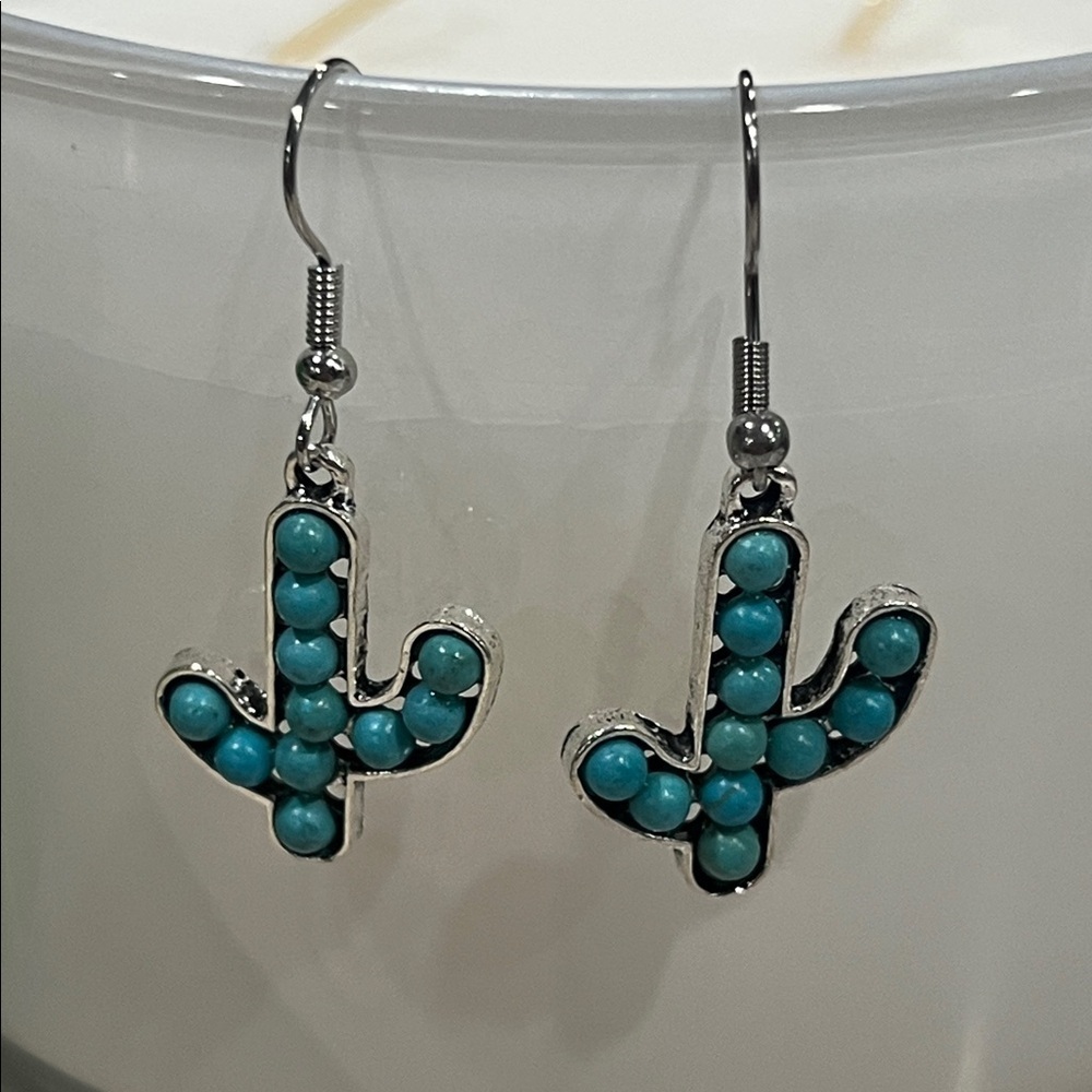 Silver and Turquoise Cactus Earrings